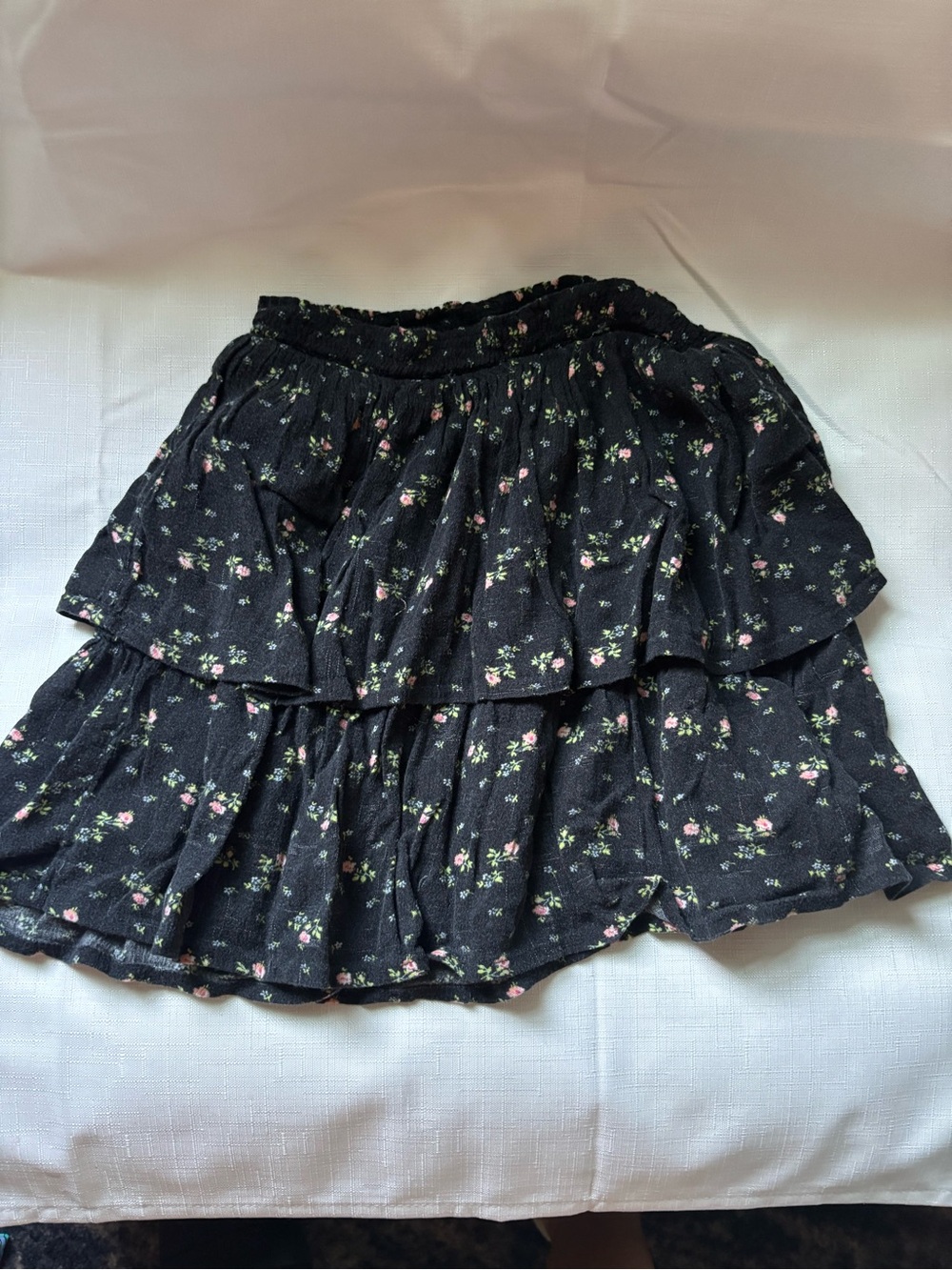 GAP Black Floral Tiered Skirt with Pink & Green Accents